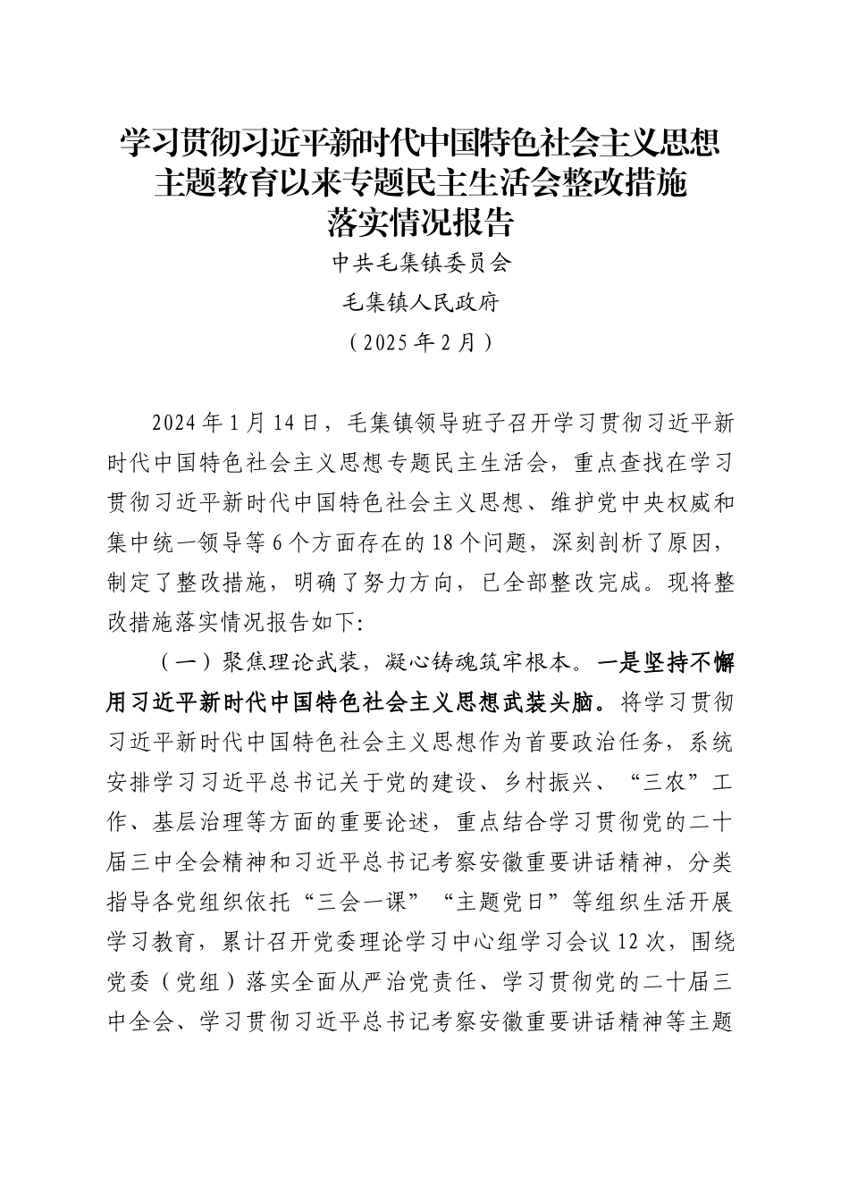 专题民主生活会整改措施落实情况报告（202502）_第1页